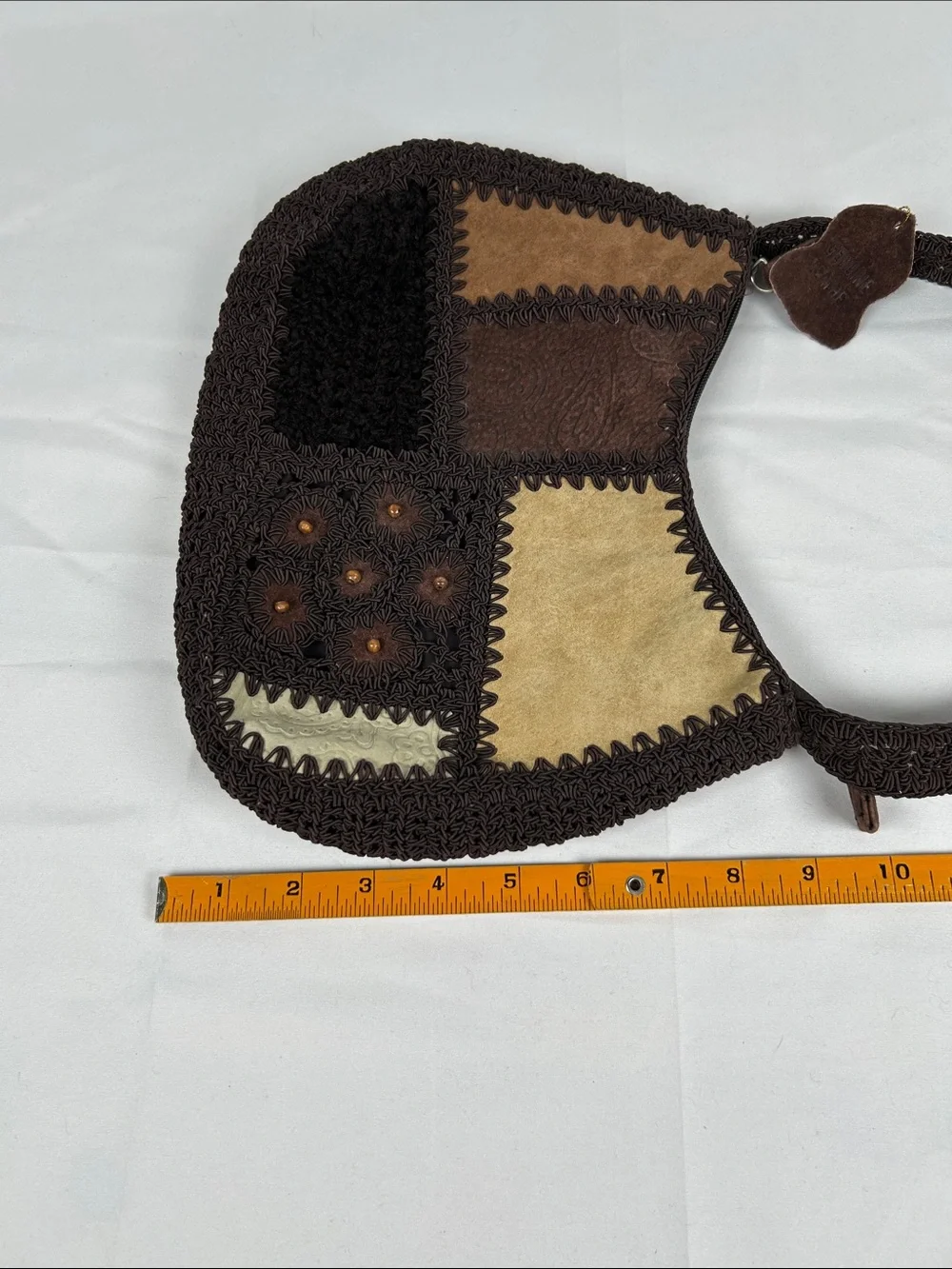 Leather Suede Boho Knit Crochet Hobo Bag Brown Beaded